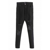 Special Open Knee Skinny Jeans with Zipper and Pocket