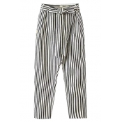 Mono Stripes High Waist Loose Pants with Bow