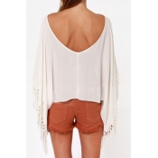 White Kimono Sleeve Crop Top with Fringed Detail