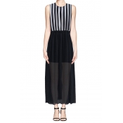 Stripe Print Sleeveless Chiffon Dress in Ankle Length