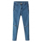 Blue Four Buttons Front Zip Fly Jeans with Busted Kne