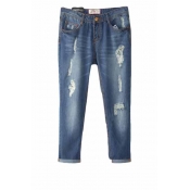 Blue Zip Fly Ripped Crop Jeans with Ankle-cuff