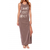 Letter Print Sleeveless Maxi Dress with Side Slit