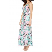 Breezy Floral Print V Neck Crossback Maxi Dress