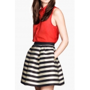 Mono Stripe Print Zip Back Skater Skirt with Pleat Detail