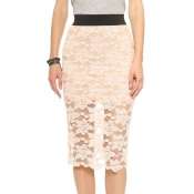 Sexy Semi Sheer Lace Skirt with Elastic Contrast Wasit