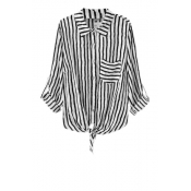 Stripes Point Collar Roll-Sleeve Shirt with Pocket