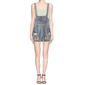 Pocket Front Ripped Denim Overall Shorts in Light Wash