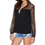 Sheer Lace Panel Plunge Neck Chiffon Top with Long Sleeve
