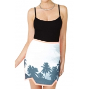 Botanical Print Zip Back Skinny Skirt with Asymmetric Hem