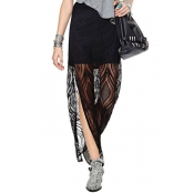 Elegant Lace Insert Semi Sheer Maxi Skirt