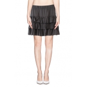 Multilayer Ruffle Hem Elasticated Waist Solid Skirt