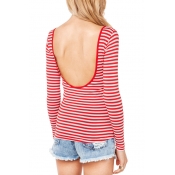 Must-have Stripe Print Backless Long Sleeve Top
