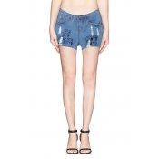 Blue Ripped Graphic Denim Shorts with High Waist