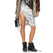 Shimmering Elastic Waist Midi Skirt with Split Side