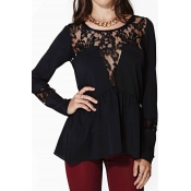 Sexy Lace Insert Long Sleeve Blouse with Split Back