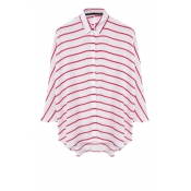 Stripes Point Collar 3/4 Length Sleeve Dipped Hem Shirt