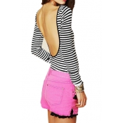 Stripe Print Backless Long Sleeve Round Neck Top