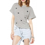 Embroidered Eyes Striped Round Neck Top with Short Sleeve