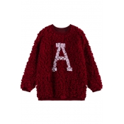 Letter A Pattern Round Neck Fluffy Long Sleeve Sweater
