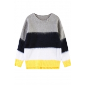 Color Block Round Neck Long Sleeve Faux-Fur Sweater
