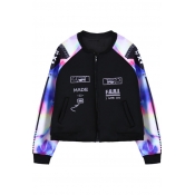 Outer Space and Letter Print Cropped Coat with Zipper Fly
