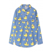 Cartoon Duck Print Point Collar Long Sleeve Denim Shirt