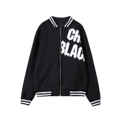 Hip-hop Style Contrast Stripe and Graphic Print Jacket with Zipper Fly