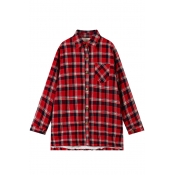 Plaid Point Collar Long Sleeve Shirt with Side Split