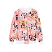 Contrast Trim Cartoon Print Baseball Jacket with Button Fly