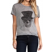 Skull Print Semi-Sheer Polyester Short Rolled Sleeve T-Shirt