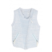 Plain Sleeveless Knitted Sweater in Zipper Details