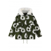 Loose Chrysanthemum Print Thicken Coat with Hood