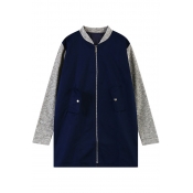 Color Block and Letter Embroidered Stand Collar Coat with Zipper Fly