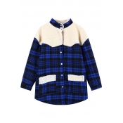 Loose Plaid Pattern Stand Collar Coat with Part Lamb Wool