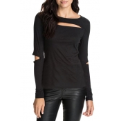 Plain Round Neck Long Sleeve Top with Elbow Cutout
