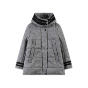 Plain Striped Trim Cotton Padded Coat with Hood