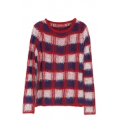 Plaid Round Neck Long Sleeve Mohair Sweater