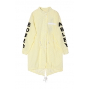 Loose Letter and Finger Print Longline Stand Collar Coat with Zipper Fly