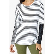 Striped Round Neck Long Sleeve Top with PU Panel