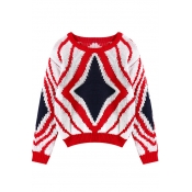 Geometrical Pattern Round Neck Long Sleeve Sweater