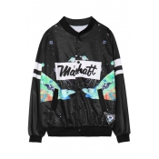 Outer Space Print Baseball Jacket with Double Pockets Front