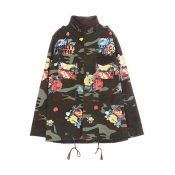 Green Camouflage Graffiti Print Utility Jacket with High Collar