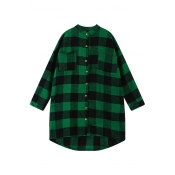 Vintage Plaid Pattern Stand Collar Single-breasted Coat with Double Pockets on Breast
