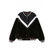 Contrast Stripe and Color Panel Thicken Plush Baseball Jacket with Button Fly