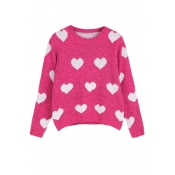 Heart Pattern Round Neck Long Sleeve Knitted Sweater