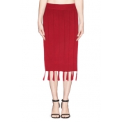 Plain Tassel Fitted Knitted Elastic Waist Midi Skirt