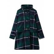 Loose Green Plaid Pattern Detachable Collar Woollen Coat with Double-breasted