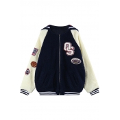 Graphic Applique Lamb Wool Baseball Jacket with Navy Collar