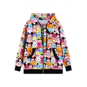 Cartoon Digital Printing Hooded Coat with Double Slant Pockets Front